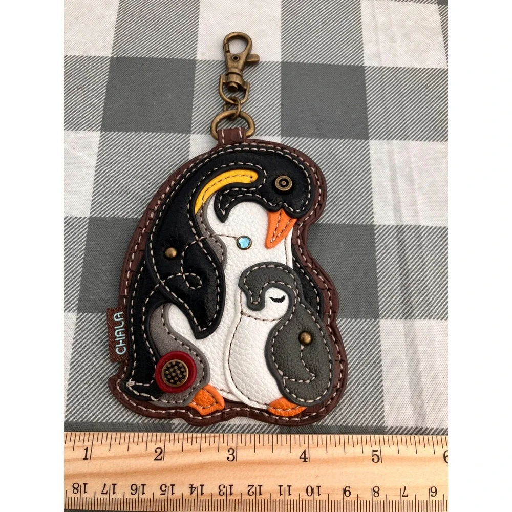 Chala Penguin And Baby Coin Purse Keychain Women Brown Faux Leather Bag Charm